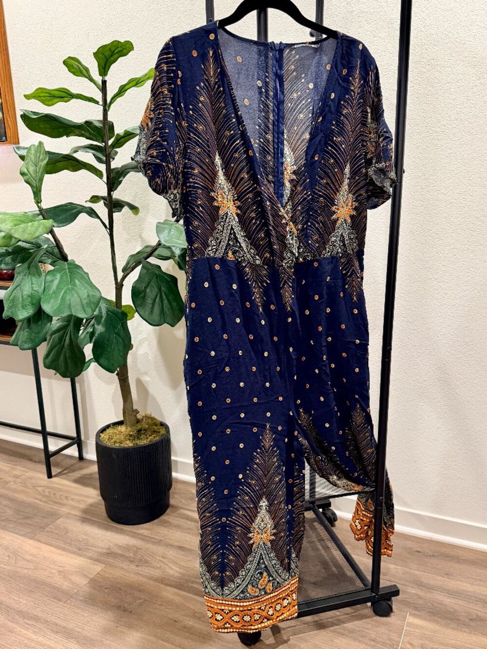 BloomChic Navy Blue Boho Peacock Print Wide Leg Jumpsuit 14-16
